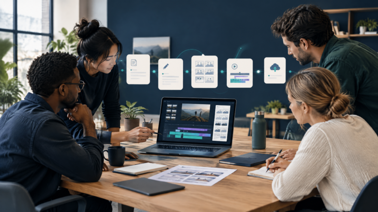 Small marketing team reviewing an AI-assisted video production workflow from storyboard to editing timeline